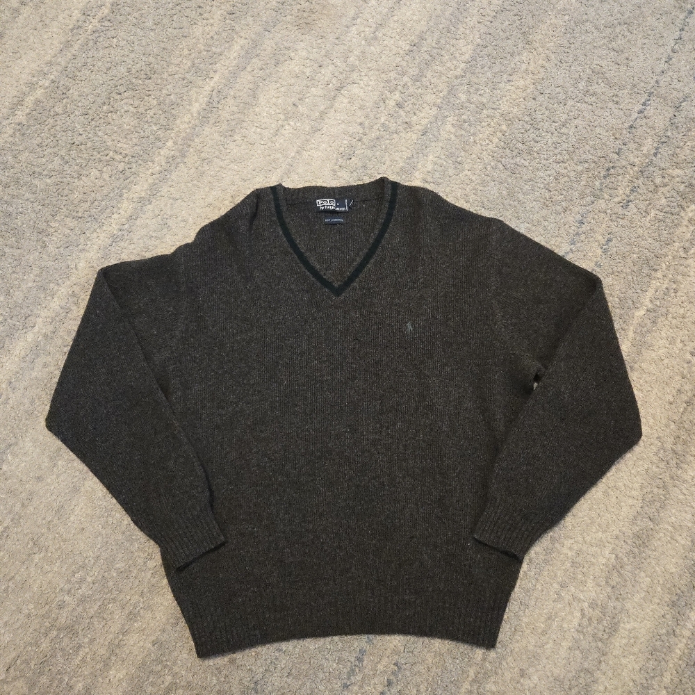 Vintage Polo Ralph Lauren Lambswool V-Neck Sweater Charcoal Grey Mens XL